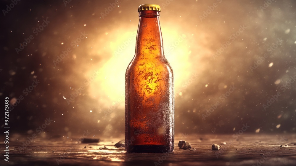 A close-up of a frosty amber beer bottle illuminated by a dramatic background. A close-up of a frosty amber beer bottle illuminated by a dramatic background.