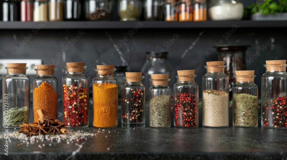 A collection of colorful spices and herbs in glass jars arranged on a black counter top A collection of colorful spices and herbs in glass jars arranged on a black counter top