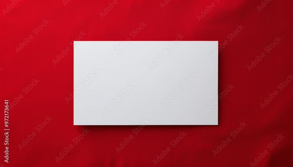 Blank white paper card mockup on red fabric background with soft shadows Blank white paper card mockup on red fabric background with soft shadows