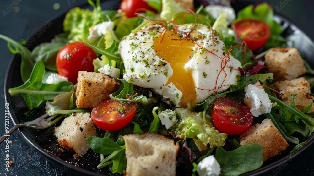 A salad with mixed greens, croutons, and cherry tomatoes is topped with a burrata egg that's melting over the top of it on a black plate. A salad with mixed greens, croutons, and cherry tomatoes is topped with a burrata egg that's melting over the top of it on a black plate.