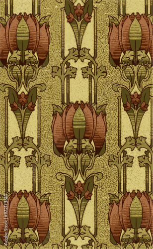 Art Nouveau design featuring stylized tulips and flowers on a faded yellow background, evoking a vintage wallpaper aesthetic.