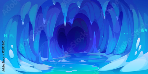 Ice cave landscape. Cartoon vector blue, mystical, frozen cavern with brilliant icicles and calm pools of water, smooth, curving walls, reflective floor and sharp stalactites hanging from the ceiling