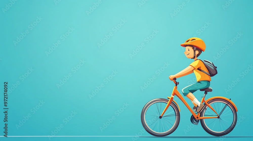 Fototapeta premium A cartoon boy wearing a helmet rides a bicycle on a blue background.