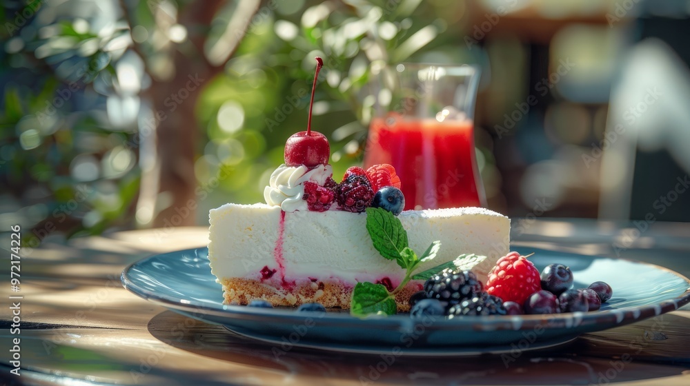 A slice of creamy cheese cake, topped with fresh berries and whipped cream, sits on an elegant plate beside the glass of red juice. A slice of creamy cheese cake, topped with fresh berries and whipped cream, sits on an elegant plate beside the glass of red juice.