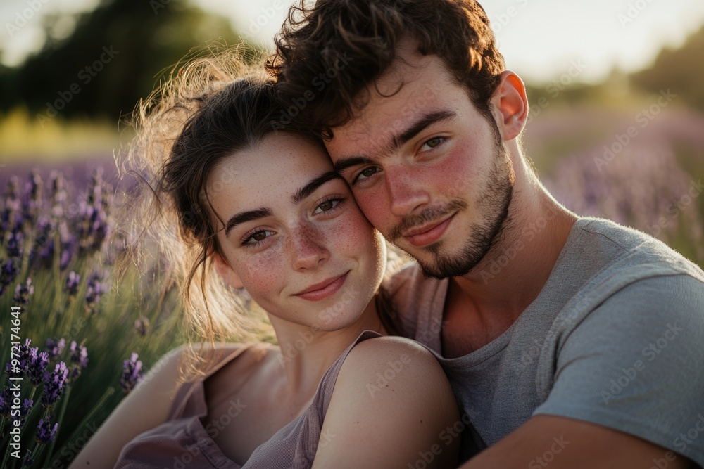 High-resolution brightly lit photorealistic candid photograph of a young couple resting together in a lavender field, their faces filled with happiness and love. The photograph is styled like a High-resolution brightly lit photorealistic candid photograph of a young couple resting together in a lavender field, their faces filled with happiness and love. The photograph is styled like a