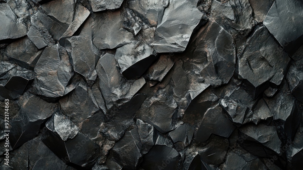 A textured surface of dark, angular rocks arranged closely together. A textured surface of dark, angular rocks arranged closely together.
