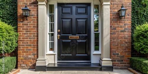 Black front door adorned with potted plants viewed from ground level photo