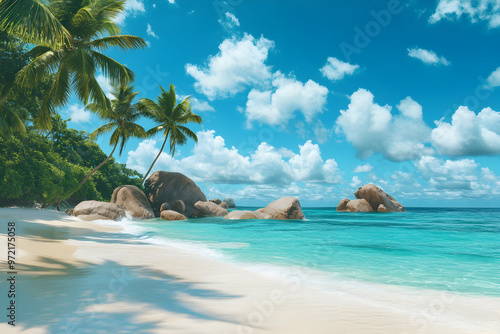 Tropical paradise with palm trees, white sand beach and turquoise water.