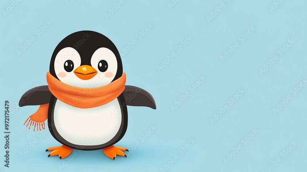Fototapeta premium Cute cartoon penguin wearing an orange scarf against a light blue background.