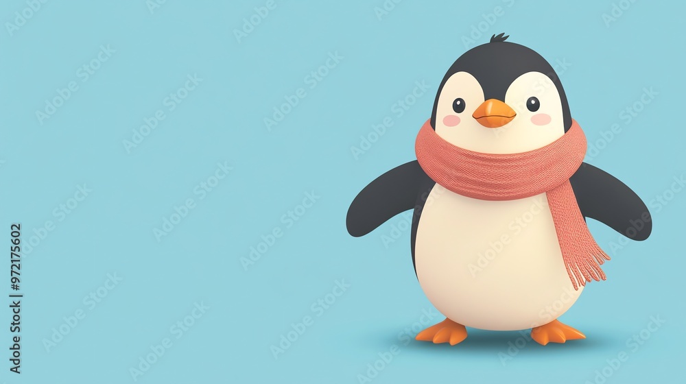 Fototapeta premium A cute cartoon penguin wearing a red scarf stands on a light blue background.