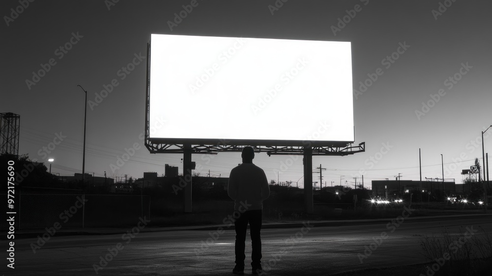 Obraz premium A silhouette of a person stands before a blank billboard at dusk, evoking contemplation.