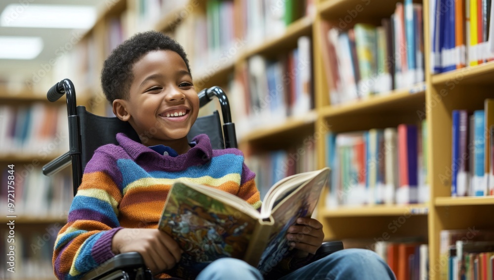 portrait of young black boy in wheelchair smiles while reading book in school library portrait of young black boy in wheelchair smiles while reading book in school library