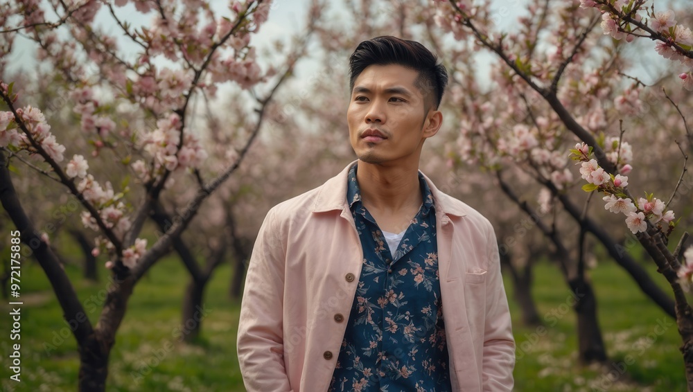 Asian man wearing a pink suit standing in a field full of trees with pink cherry blossoms Asian man wearing a pink suit standing in a field full of trees with pink cherry blossoms