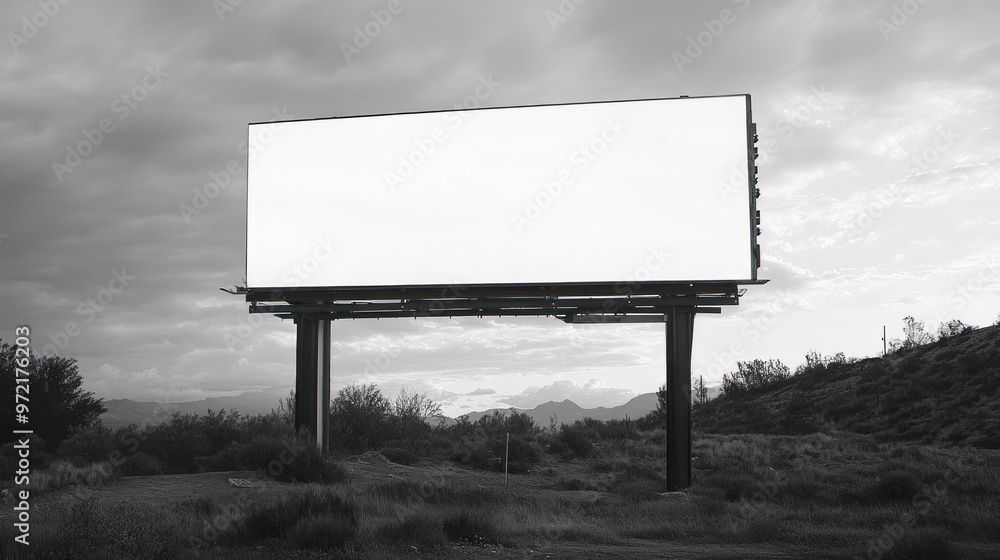 Obraz premium A blank billboard stands in a desolate landscape under a cloudy sky.