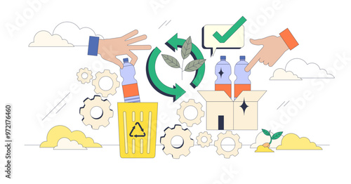 Circular economy with continuous production cycle tiny neubrutalism concept, transparent background. Sustainable, environmental and nature friendly manufacturing.