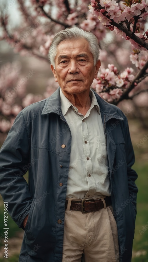 Elderly man wearing a blue suit standing in a field full of trees with pink cherry blossoms Elderly man wearing a blue suit standing in a field full of trees with pink cherry blossoms