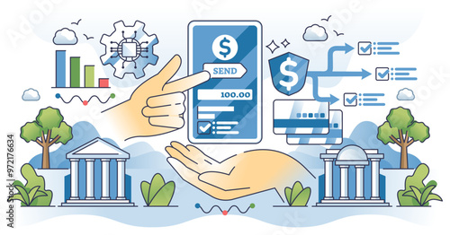 Electronic funds transfer and money sending to receiver outline concept, transparent background.Send finance using bank application or safe payment systems illustration.