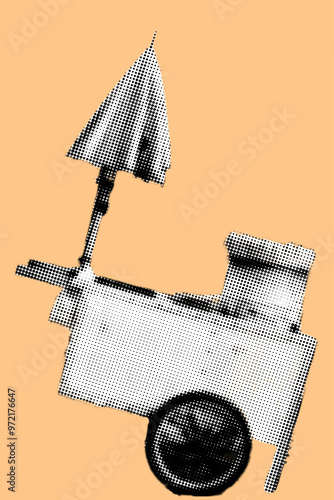 street vendor cart pixelate color halftone dotted texture style collage element isolated on orange background