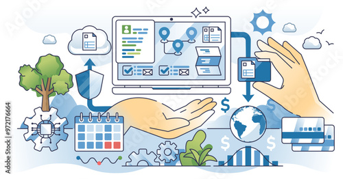 Electronic data interchange or EDI for business information outline hands concept, transparent background. Invoice and order documentation exchange system.