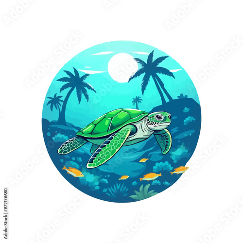 turtle with beach background vector illustration. sea world vector logo illustration. cute cartoon sea turtle. photo