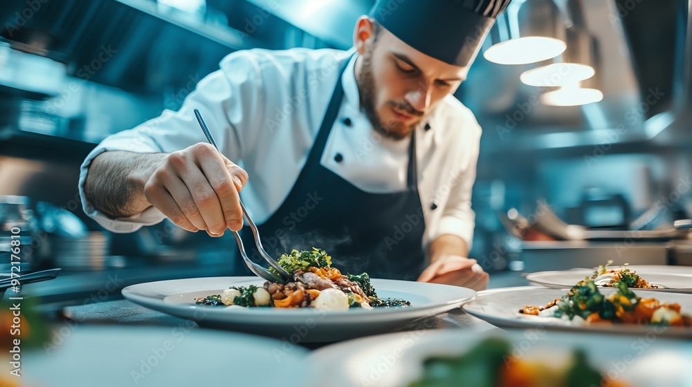 A chef carefully plates a gourmet meal in a restaurant kitchen. A chef carefully plates a gourmet meal in a restaurant kitchen.