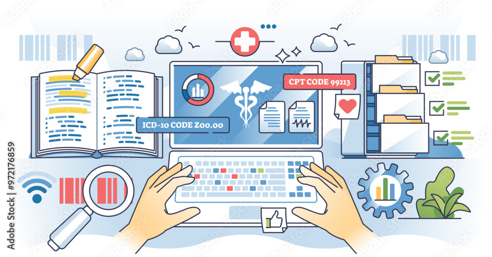 Poster Affiche Medical coding training and healthcare billing coder studies outline hands concept transparent background 40x20 cm