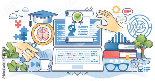 Online psychology degrees and psychologist certificate outline hands concept, transparent background. Professional graduation with completed studies illustration. University E-learning course.