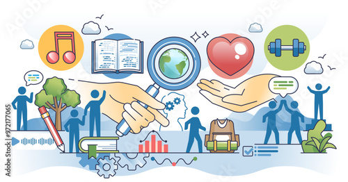 Psychographic segmentation and customer division outline hands concept, transparent background. Market classification using society characteristics and behavior groups.