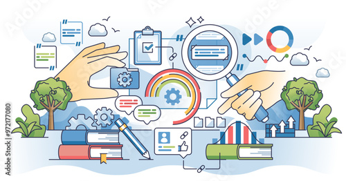Qualitative content analysis with text interpretation outline hands concept, transparent background. Information research and analytic using charts, graphs and written materials illustration.