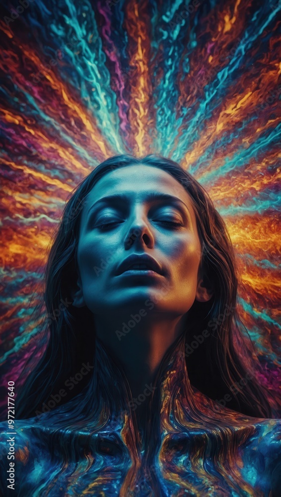 A woman with long hair is shown in a colorful, abstract background A woman with long hair is shown in a colorful, abstract background