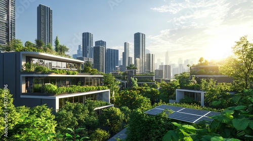 A cityscape with green spaces and solar panels, showing a concept of sustainability.