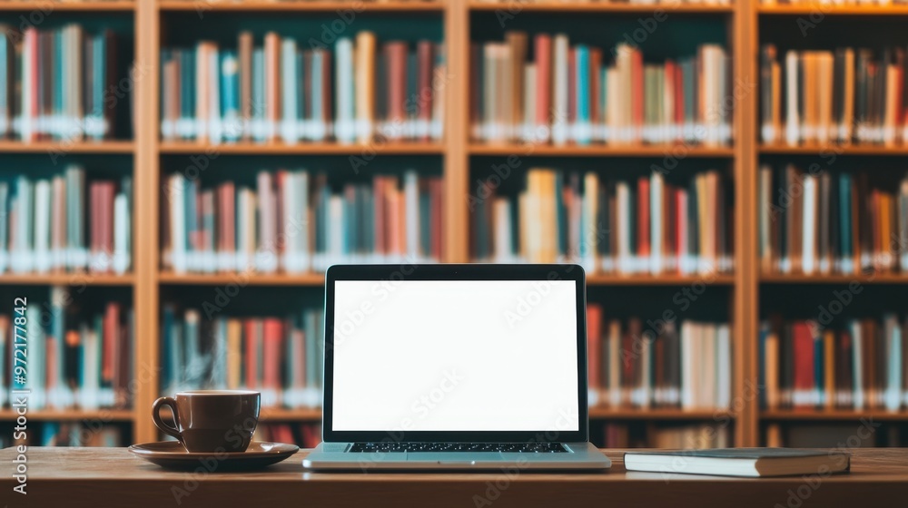 Laptop with blank screen on table and coffee cup in Night library,bookstore interior with Learning and coworking space,relax zone,Library with rows of bookshelves,school,university,education concept.