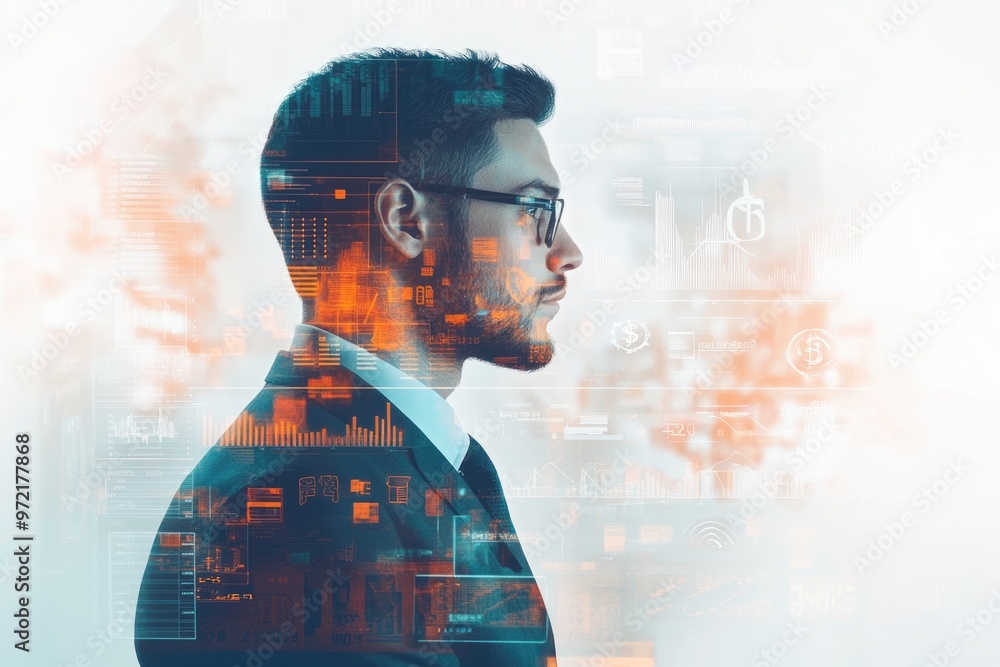 Innovation and business success through a detailed double exposure of a businessman in a modern office setting, analyzing rising financial trends. The background smoothly transitions from cool-toned Innovation and business success through a detailed double exposure of a businessman in a modern office setting, analyzing rising financial trends. The background smoothly transitions from cool-toned