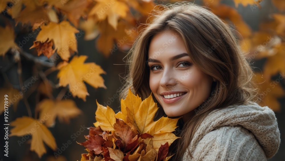 A Brunette woman stands in front of some yellow trees with yellow leaves A Brunette woman stands in front of some yellow trees with yellow leaves