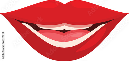 Cartoon red lips showing teeth smiling mouth open vector illustration isolated on white background