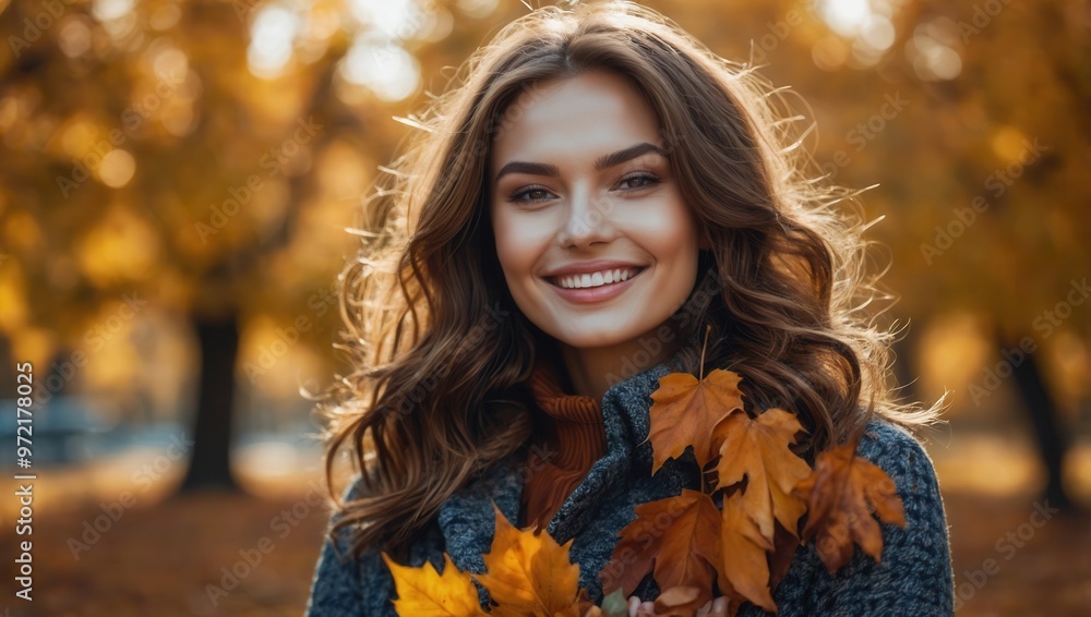 A Brunette woman stands in front of some yellow trees with yellow leaves A Brunette woman stands in front of some yellow trees with yellow leaves