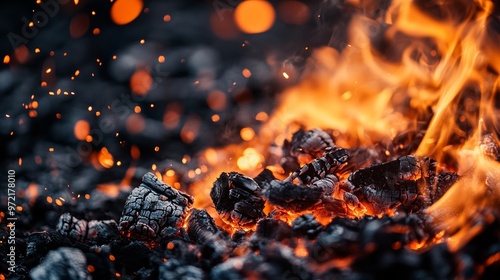 Burning coal background highlighting fire and embers with ample copy space available