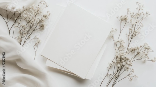 Minimalistic White Flowers and Blank Paper