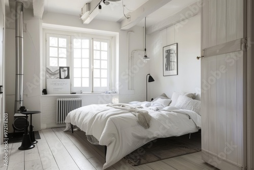 Cozy white bedroom with minimal furnishings and a modern touch