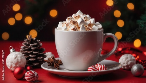 A white coffee cup with whipped cream on top sits on a red plate