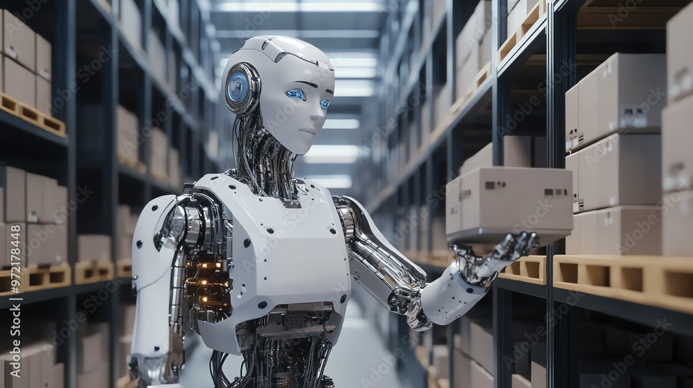 A futuristic robot in a warehouse, efficiently handling boxes amidst organized shelves, showcasing advanced technology in automation. A futuristic robot in a warehouse, efficiently handling boxes amidst organized shelves, showcasing advanced technology in automation.