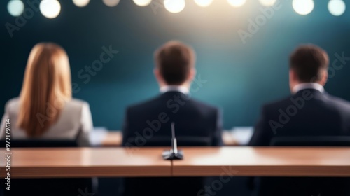 Panel of judges in a business pitch competition, negotiation influence, entrepreneurial pitch photo