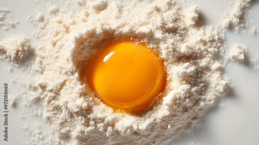 Egg yolk falling on flour top view Egg yolk falling on flour top view