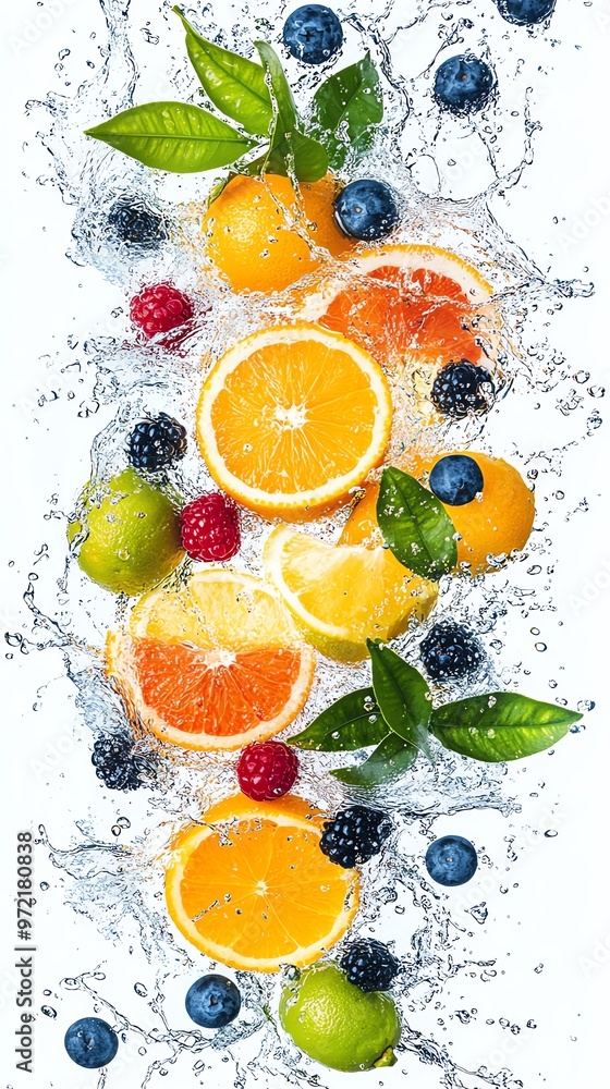 Fresh Citrus Fruits and Berries Splashing in Water. Fresh Citrus Fruits and Berries Splashing in Water.