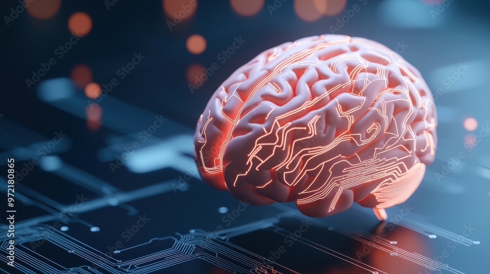 Futuristic brain concept showcasing neural connections and technology on a digital circuit background.