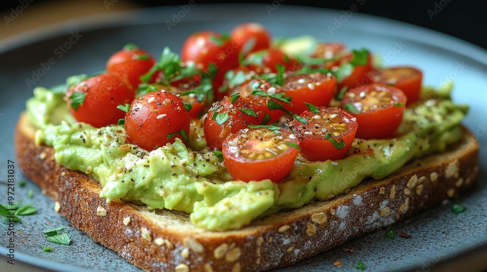 Delicious Whole Grain Toast with Smashed Avocado and Cherry Tomatoes for Healthy Eating Delicious Whole Grain Toast with Smashed Avocado and Cherry Tomatoes for Healthy Eating