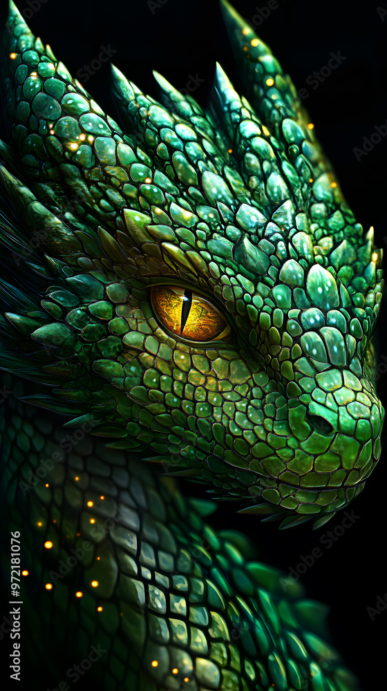 Fototapeta premium Green Dragon Close-up portrait. Fantastic reptile 3D illustration