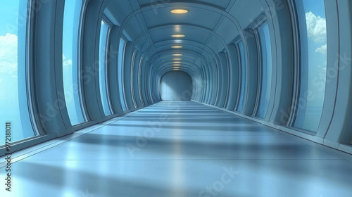 Futuristic hallway with large windows.