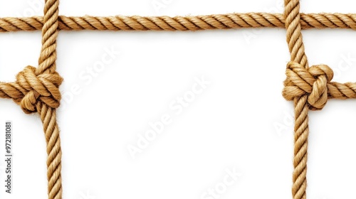 A simple rope grid with knots against a white background, suggesting structure and support.