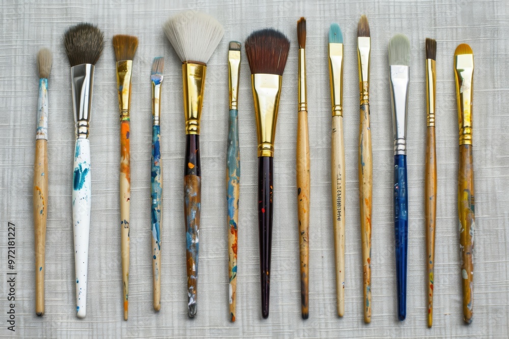 Fototapeta premium A collection of various artist brushes arranged neatly, showcasing different shapes and sizes for painting and creativity.